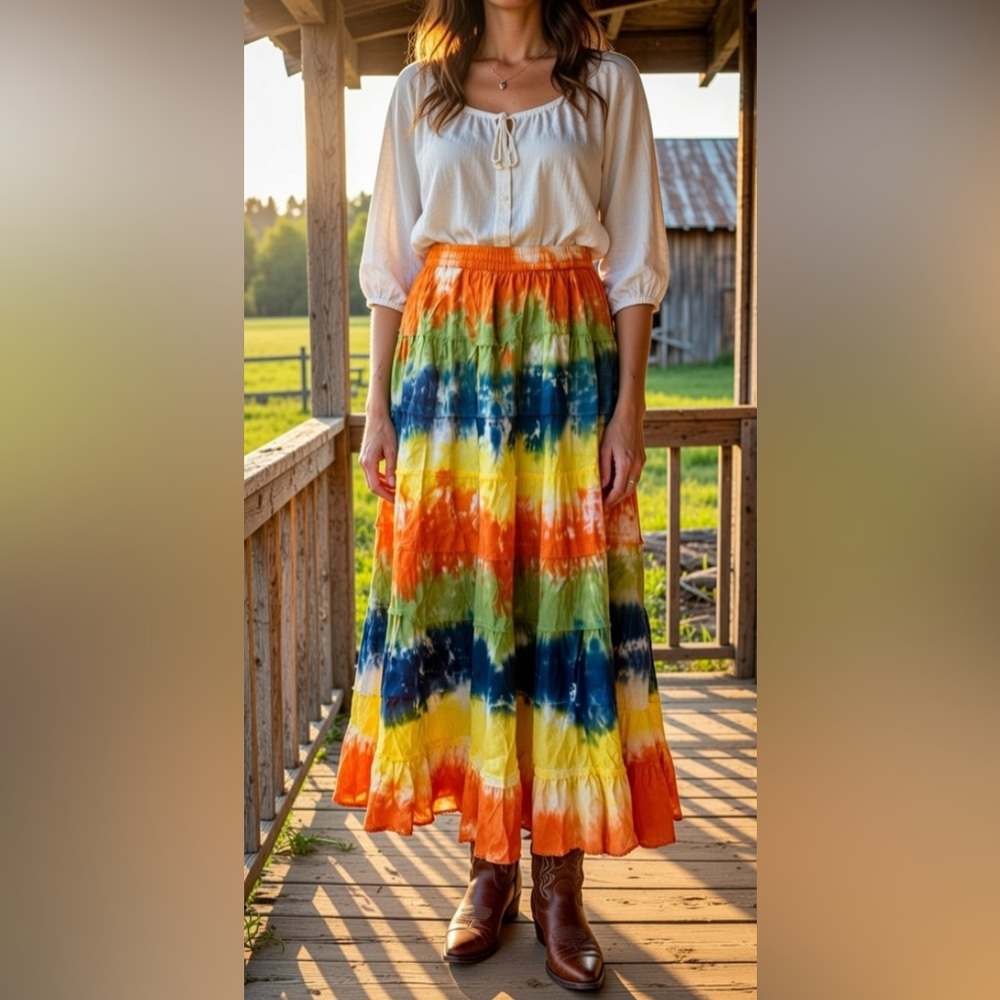 Western Tiered Cotton Tie-Dye Maxi Skirt sz Large